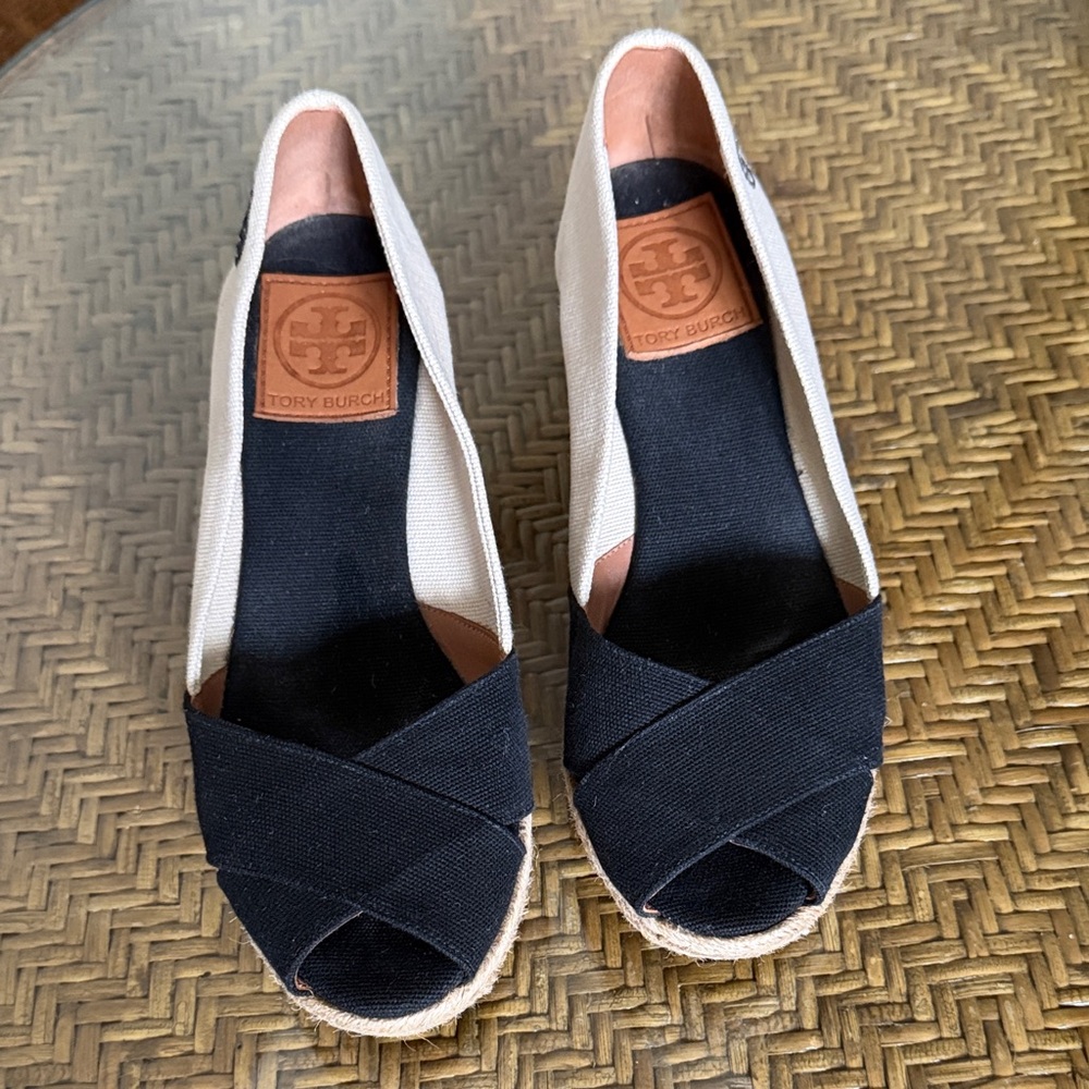 Tory Burch Black and Cream Espadrille Wedges